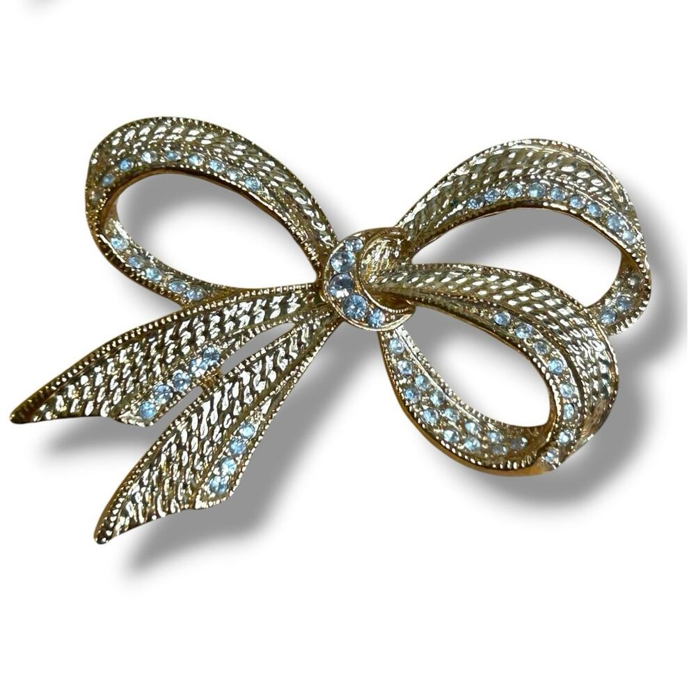 Roman Bow Brooch Signed Gold Tone With Rhinestones Vintage Collectible